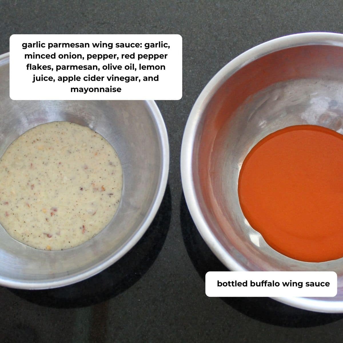 overhead shot of two bowls of chicken wing sauce with descriptive text overlay.