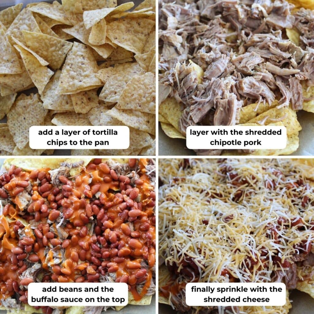 collage of four images for making pulled pork nachos with descriptive text overlay.