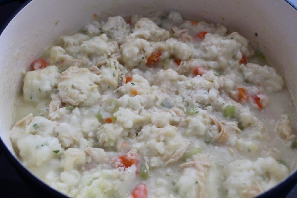 large stockpot of chicken stew with biscuits on top.
