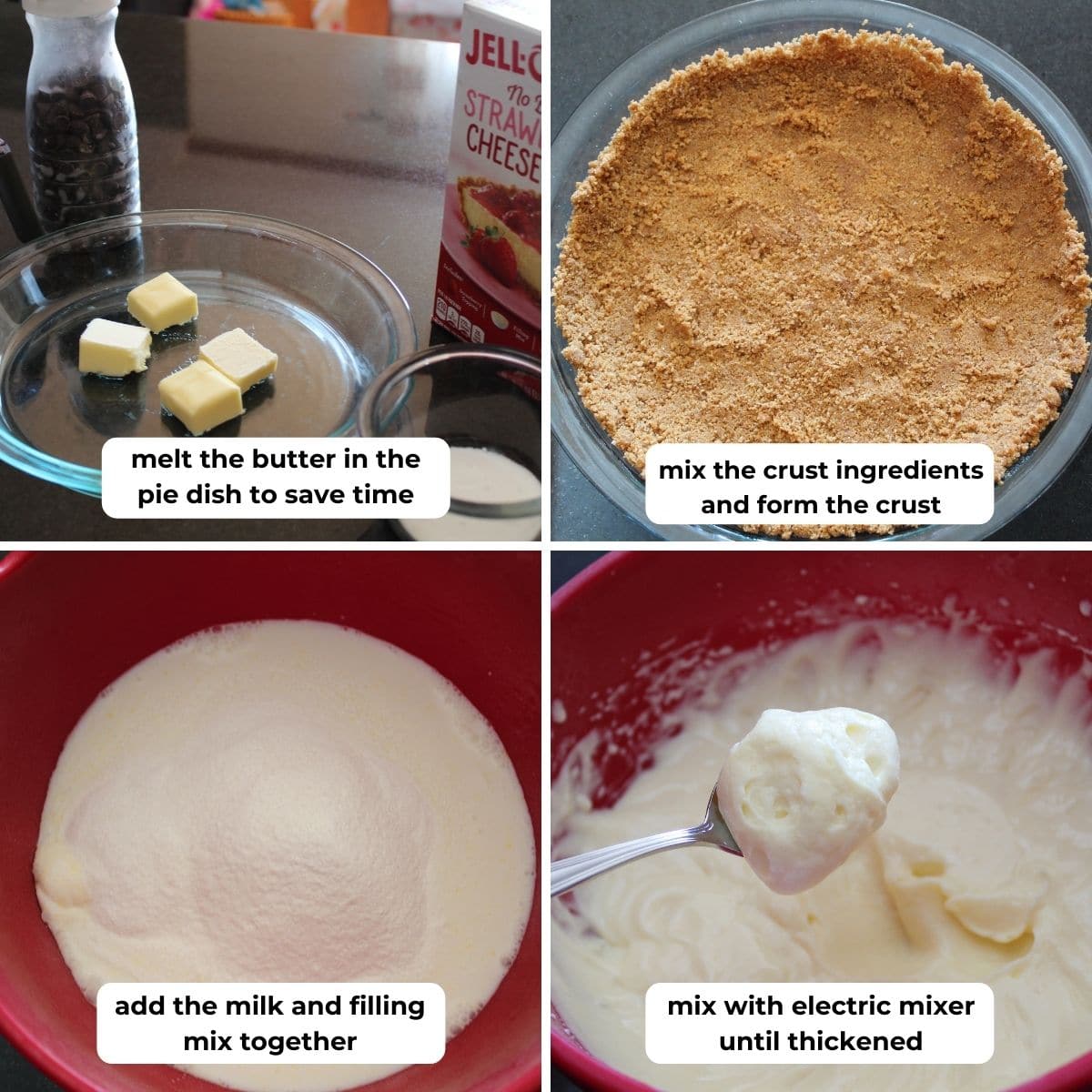 collage of four images for making jell-o cheesecake boxed mix with descriptive text overlay.