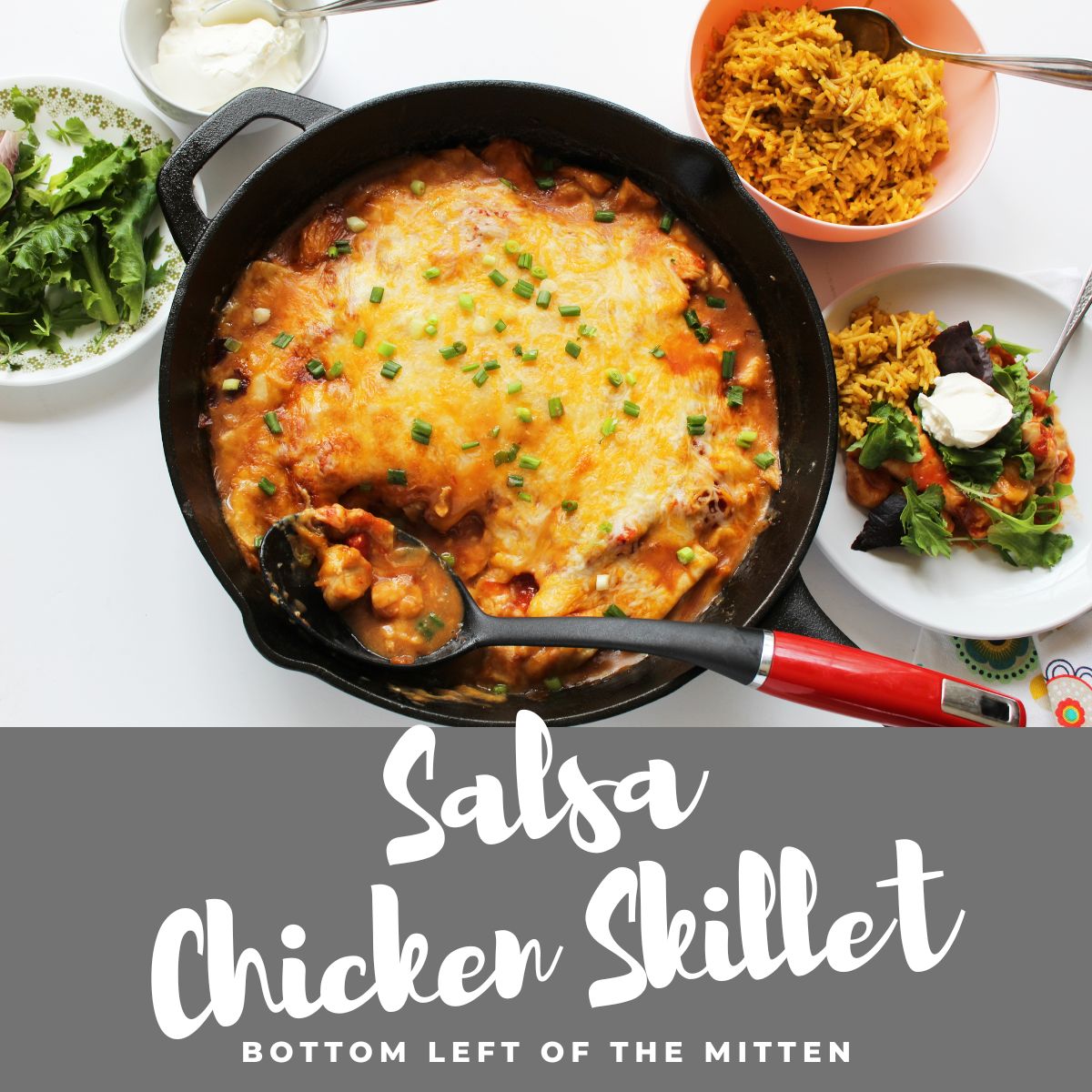 Salsa Chicken Skillet made in a cast iron pan.