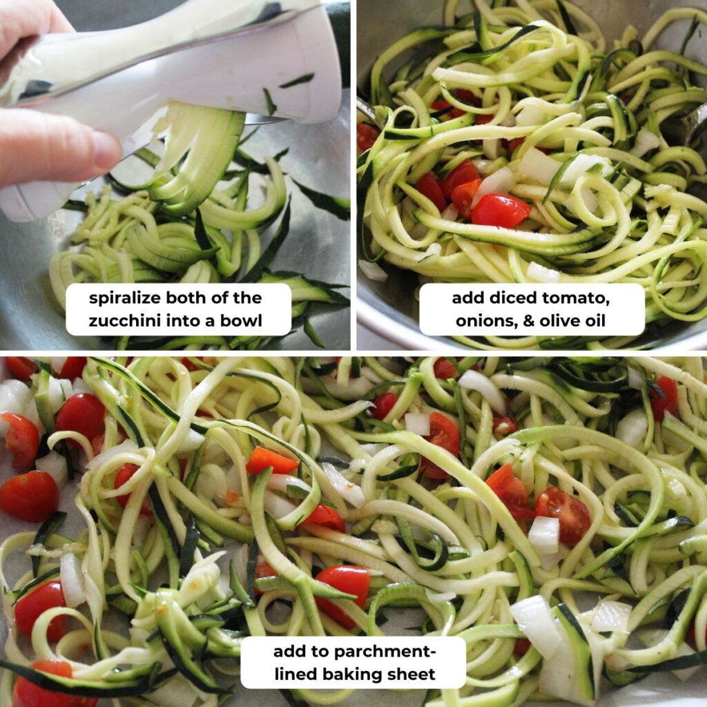 image steps for making zucchini noodles then added to a baking sheet. step directions like use spiralizer and add to baking sheet description overlaid on top of images.