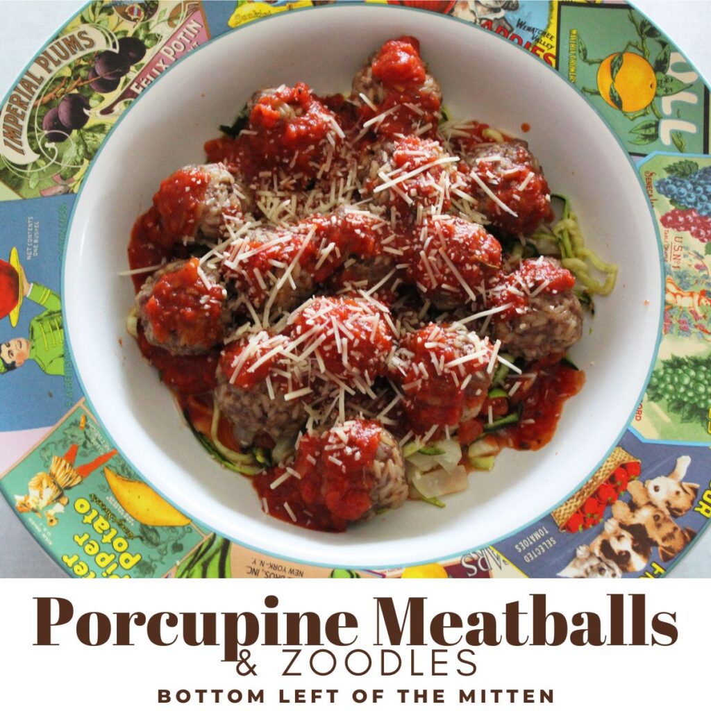 bowl of prepared porcupine meatballs and veggie noodles with recipe title description below the image.