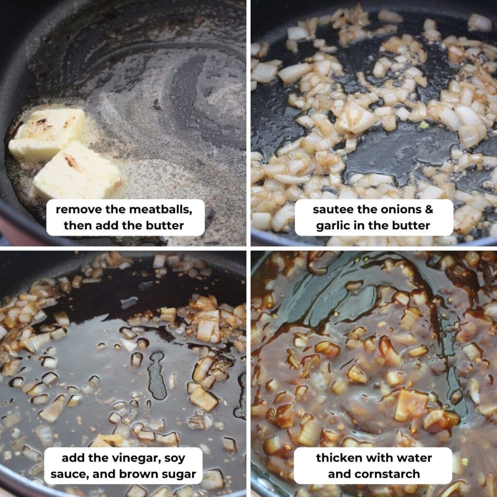 steps for making an easy balsamic glaze in a pan on the stovetop. text directions placed over each of the four images melt butter, sauté onions and garlic, add vinegar and soy sauce and brown sugar, thicken with water and cornstarch.