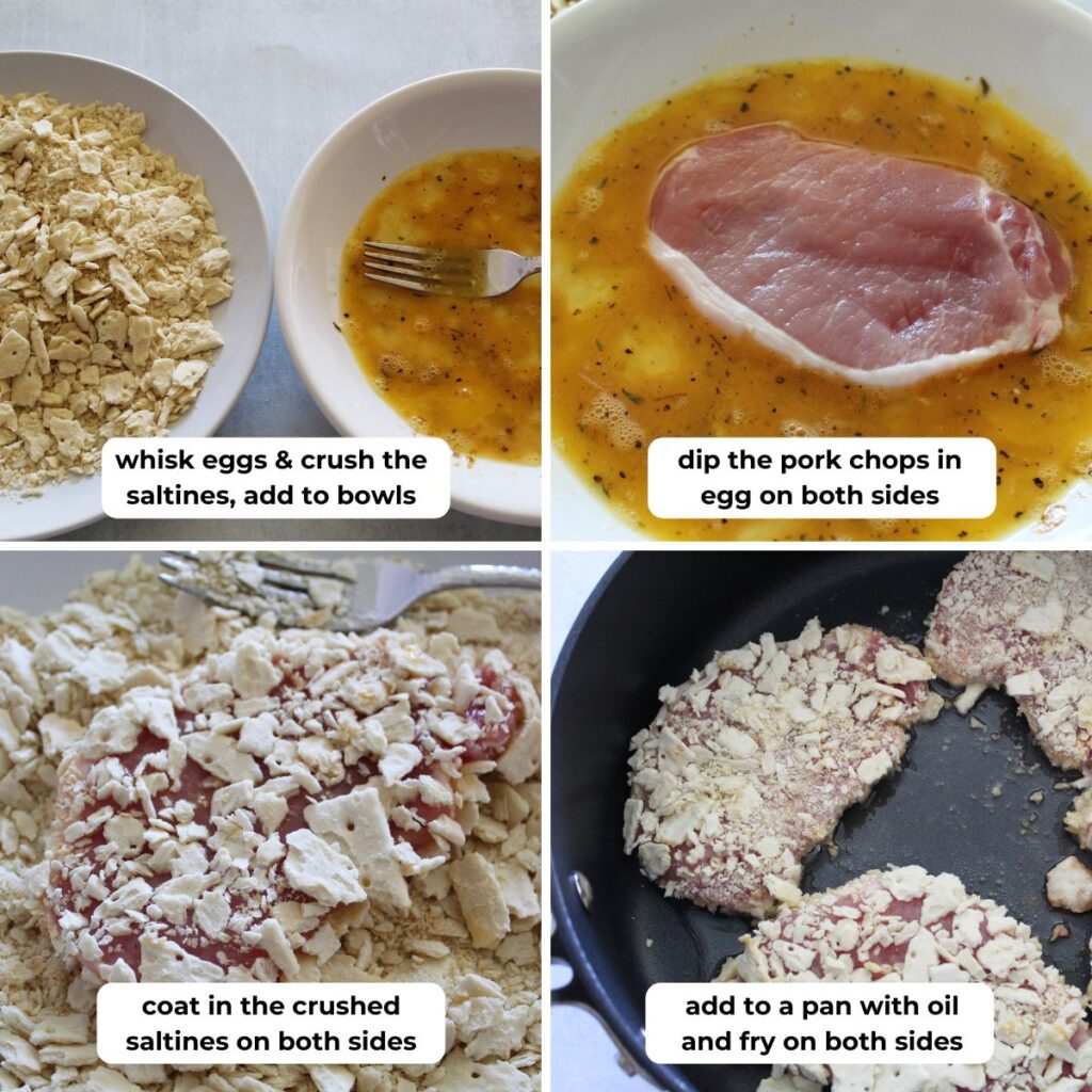 steps for coating pork chops in eggs and saltine crackers then frying in a frying pan on the stove. step directions overlaid on images.