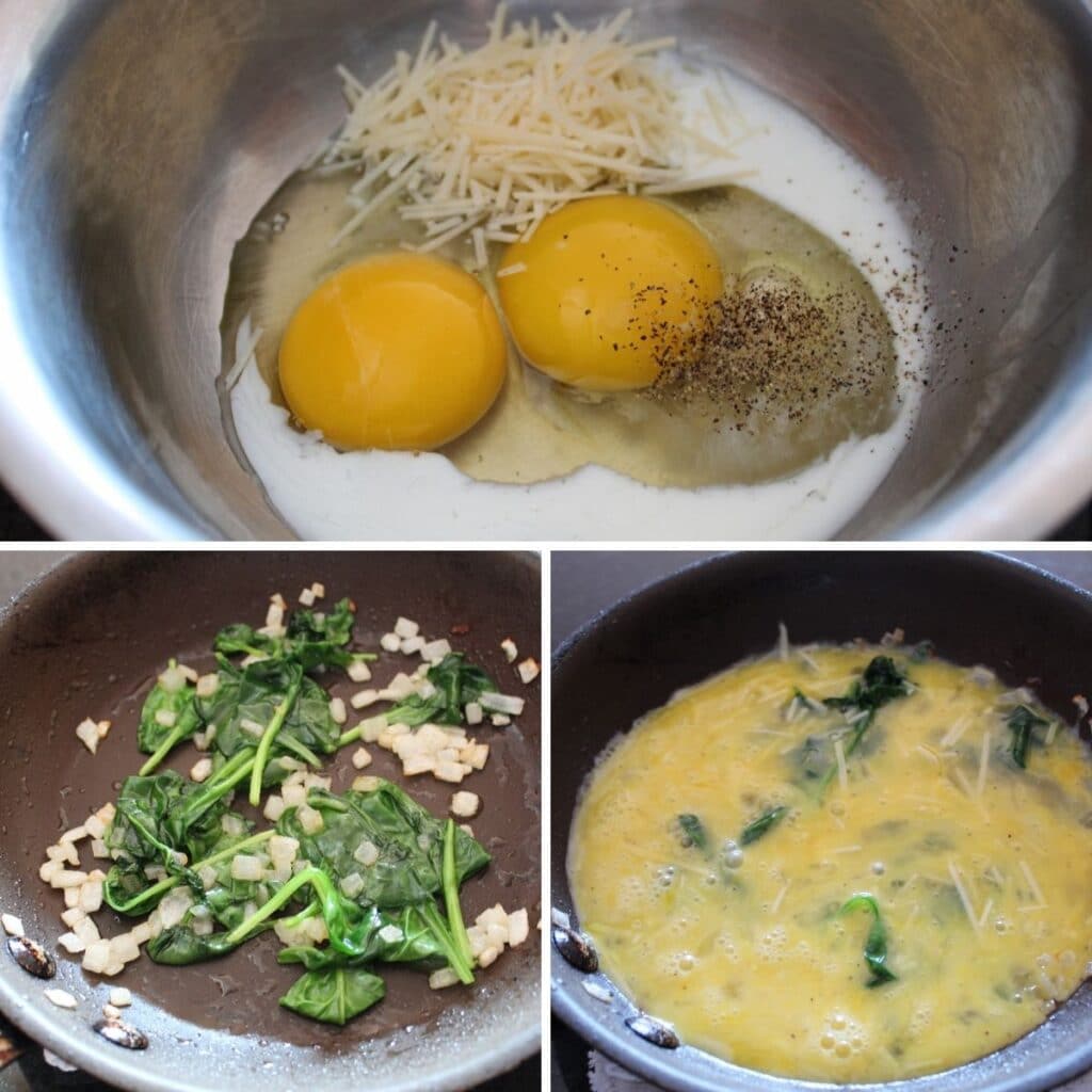 collage of three images for making an egg omelet for sandwiches.