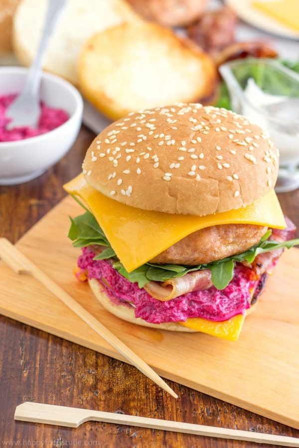 Chicken Cheeseburger with Beet Mayo from Happy Foods Tube | 'Celebrate with 8' Burgers That Aren't Beef | Bottom Left of the Mitten