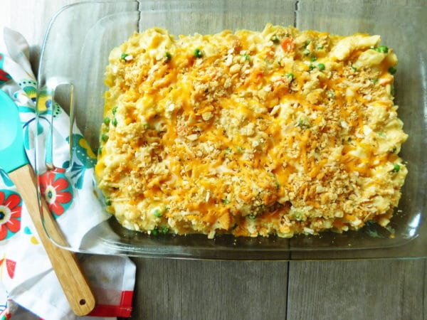 Tuna casserole in a dish ready to eat.