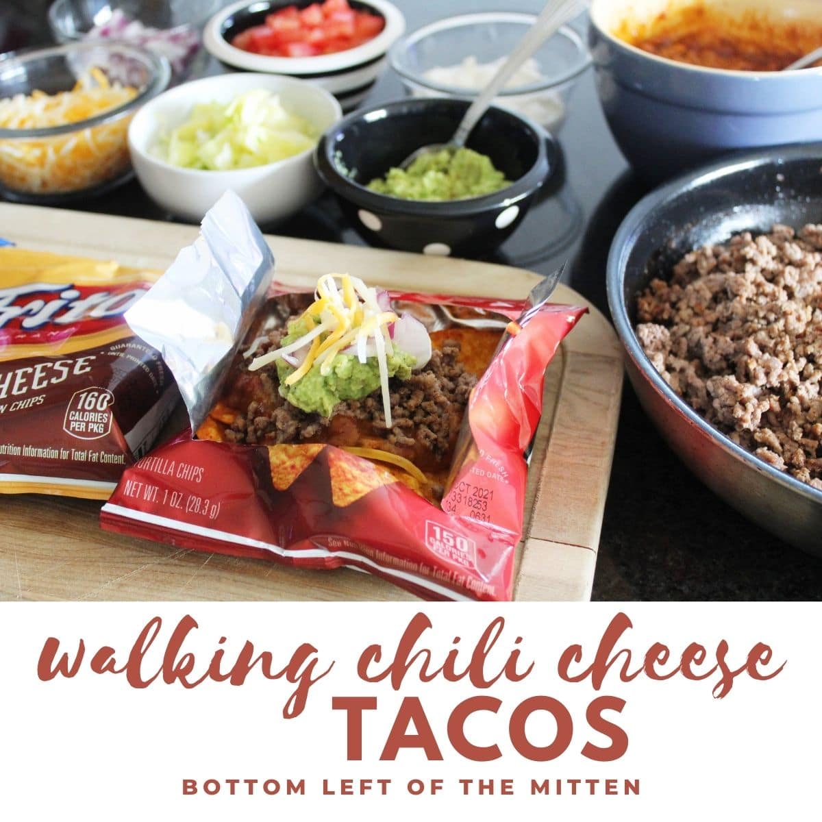 walking chili cheese tacos with descriptive text overlay.