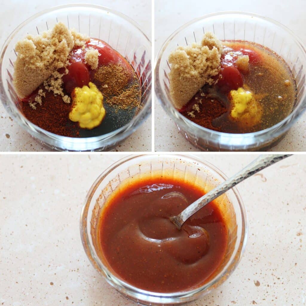 ingredients for a thick barbecue sauce not stirred in a bowl. a bowl of completely stirred sauce with a spoon in it.