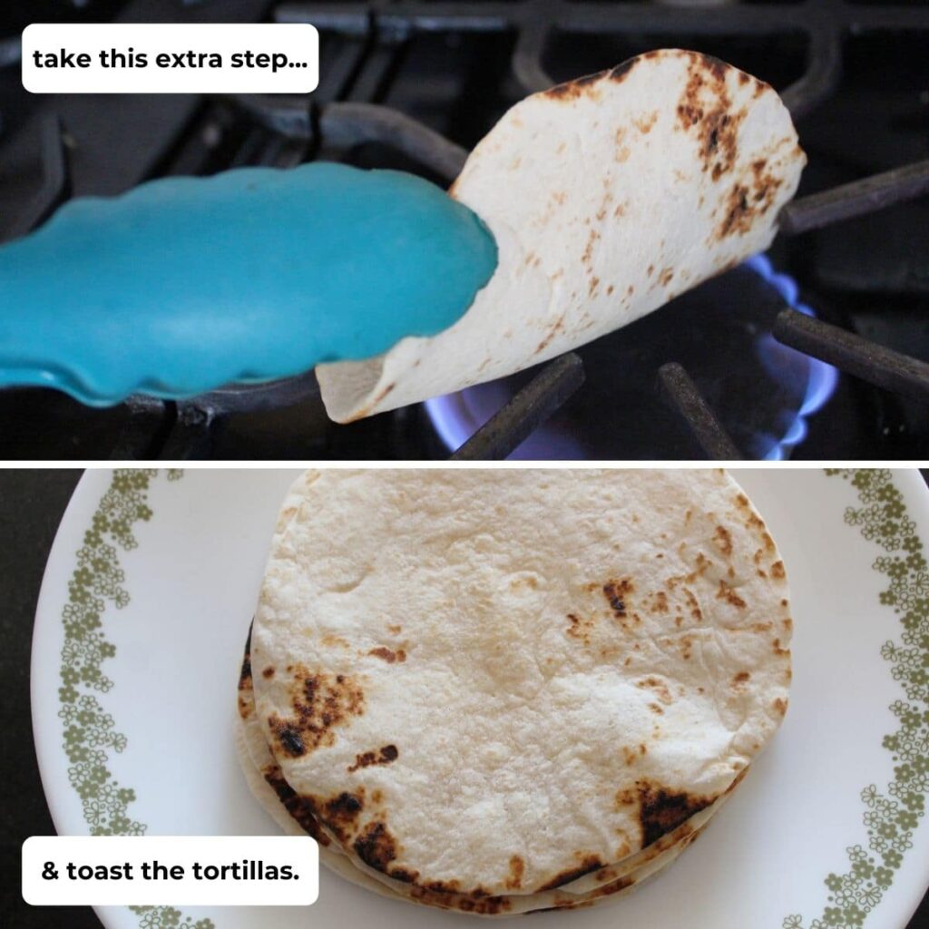 collage image of flour tortillas being toasted on a stovetop with descriptive text for  steps of recipe.