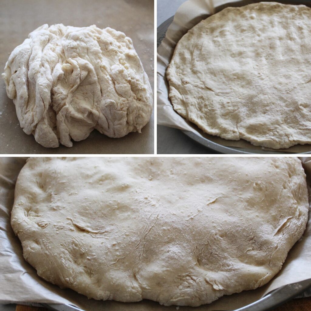 steps for making Jiffy double pizza crust. dough mixed and spread out on pizza pan with parchment paper. dough that has been pre-cooked on parchment paper.