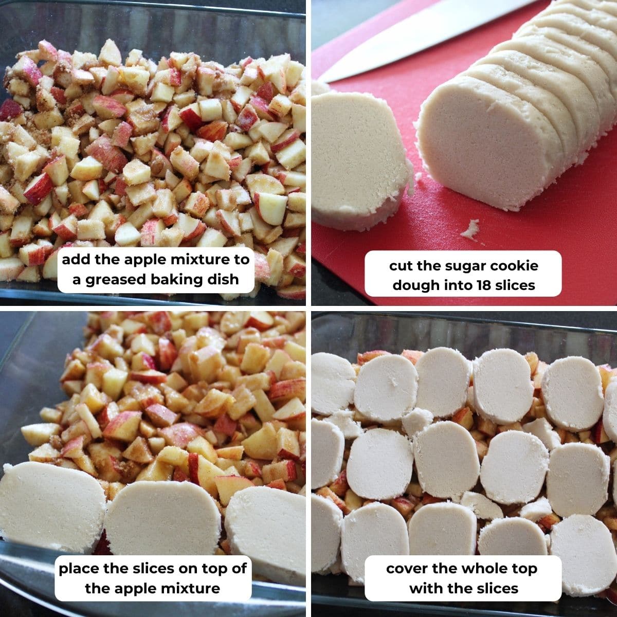 collage of four photos and overlay steps for making apple cobbler with sugar cookie crust.