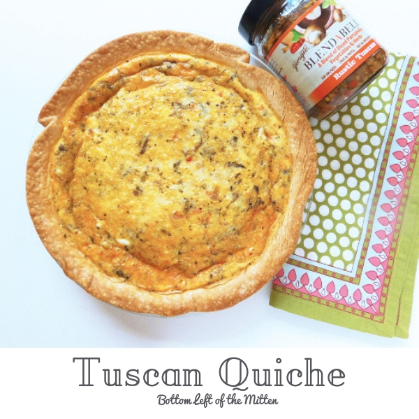 Tuscan Quiche in the pie plate with BLENDABELLA off to the side.