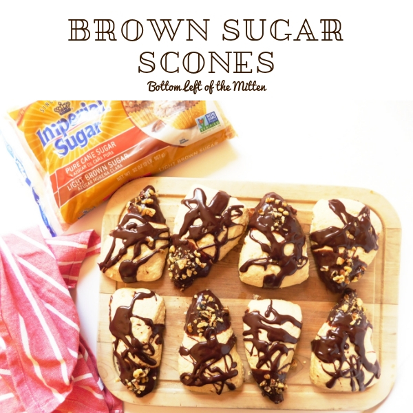 Brown Sugar Scones with Chocolate Drizzle on a plate ready to eat!