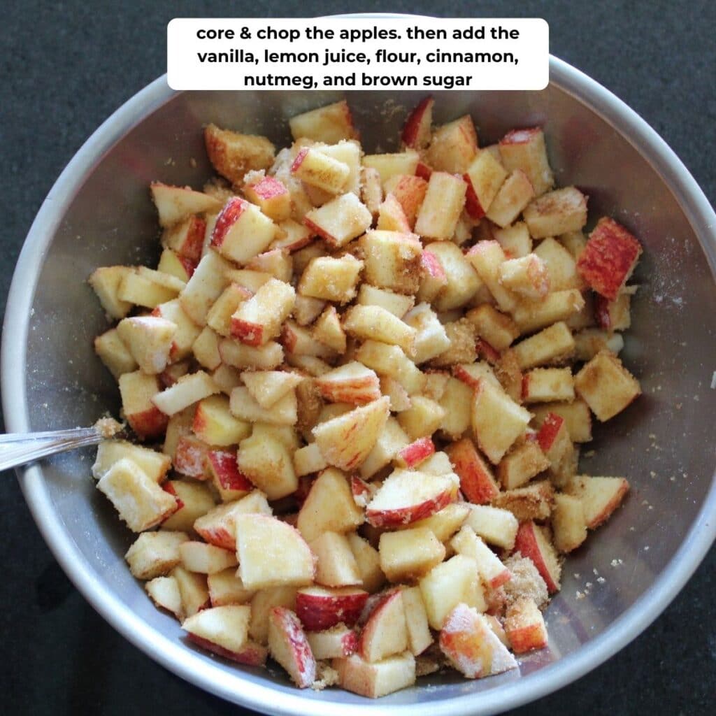 overhead shot of chopped apples in a bowl with descriptive overlay.