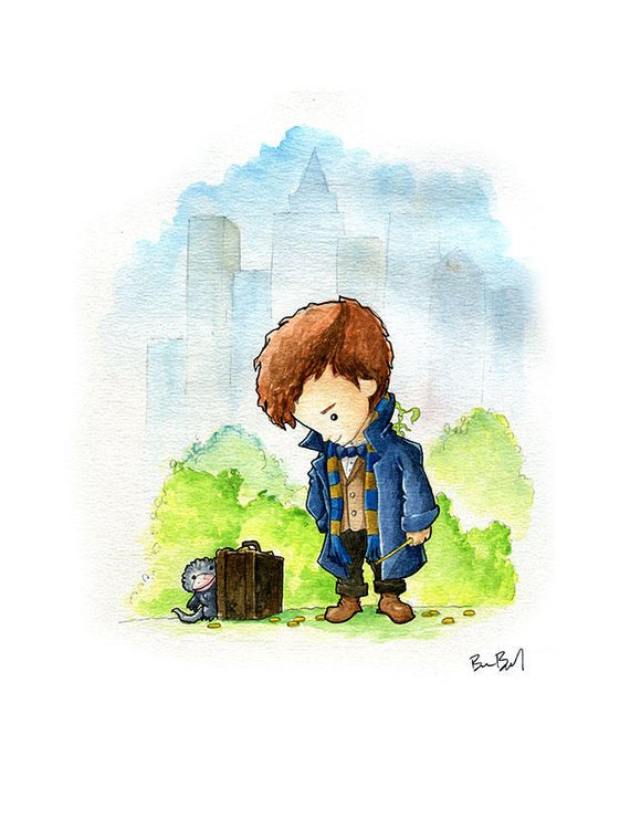 Newt Scamander Fantastic Beasts Fan Art Watercolor Print from BenByrdArtwork | Celebrate with 8 Fantastic Beasts Gift Guide | Bottom Left of the Mitten