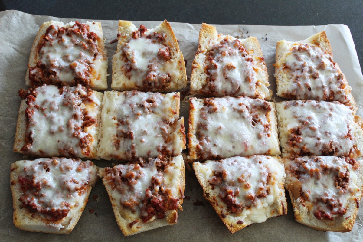 Lasagna French Bread pizza on a pan