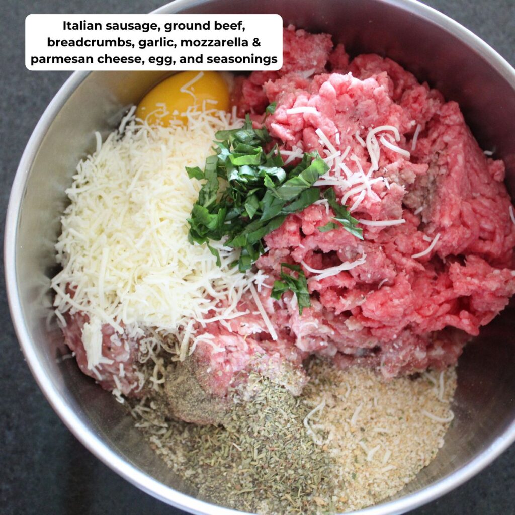 ingredients for Italian style meatballs in a bowl shot with ingredient text overlay.