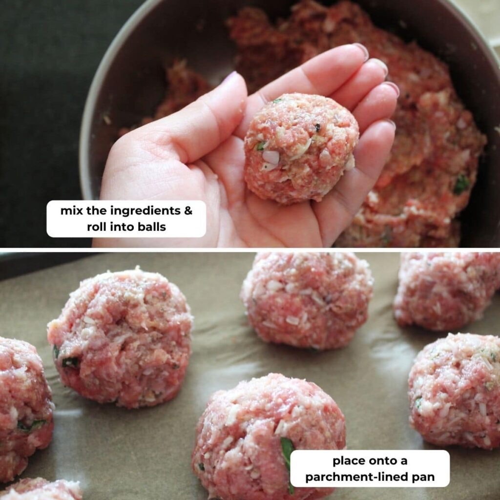 beef meatballs with breadcrumbs ingredient and recipe steps collage with direction text overlay.