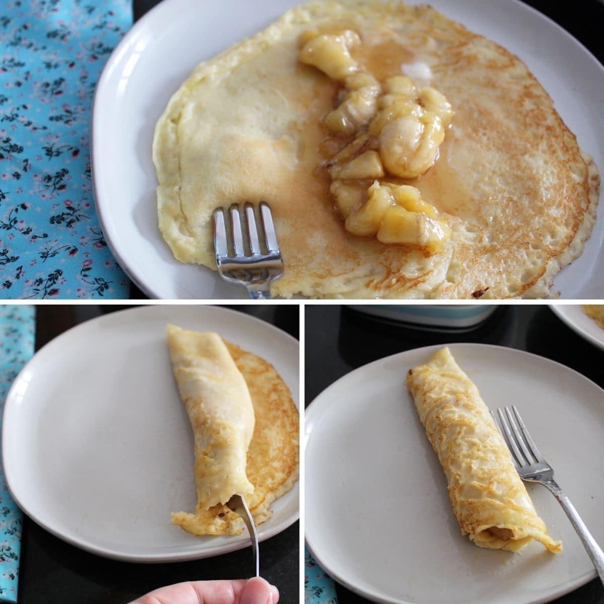 collage image of how to roll up Swedish pancakes with a fork and how to serve