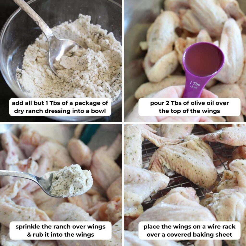 collage of four images for seasoning chicken with dry ranch dressing.