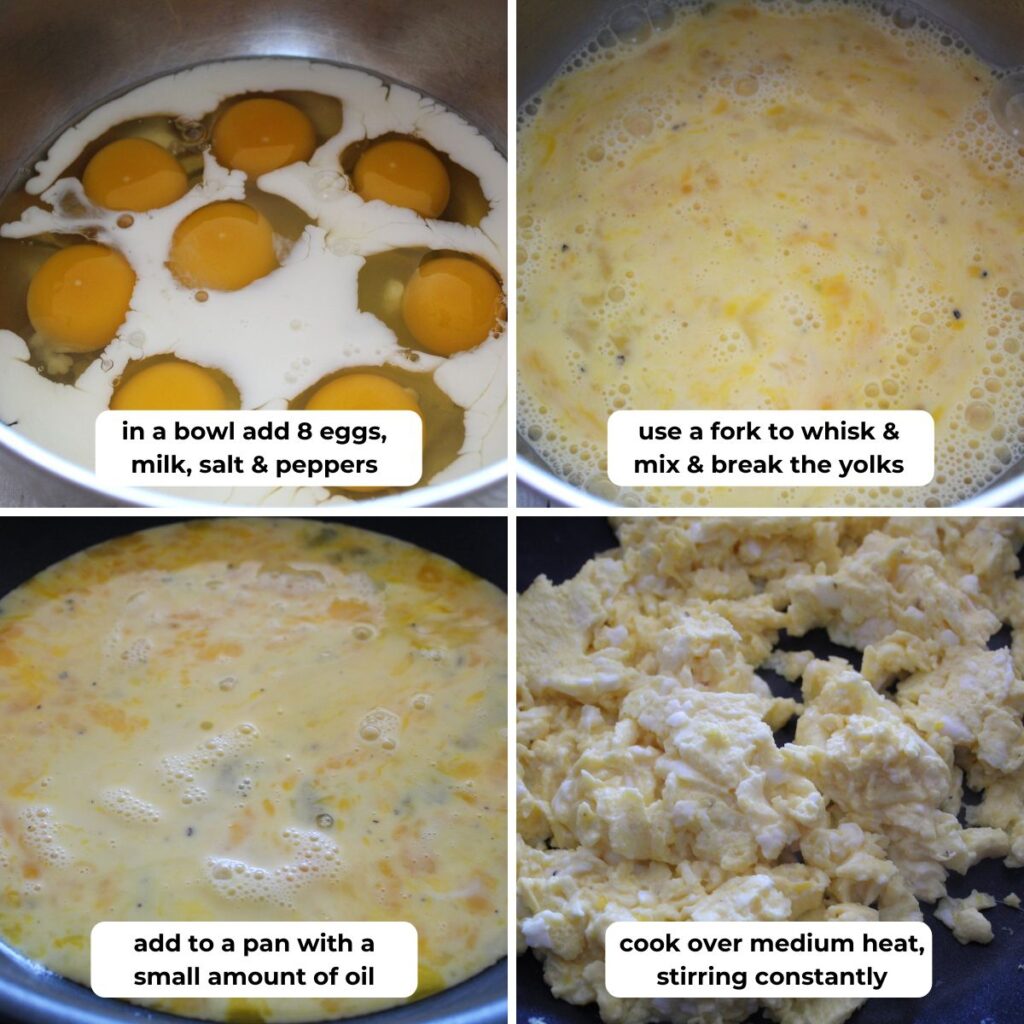 collage of images of how to make scrambled eggs with descriptive text overlay.