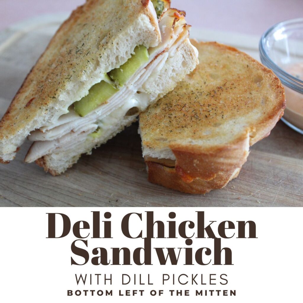 collage of deli chicken sandwich shot from the side with descriptive text overlay.