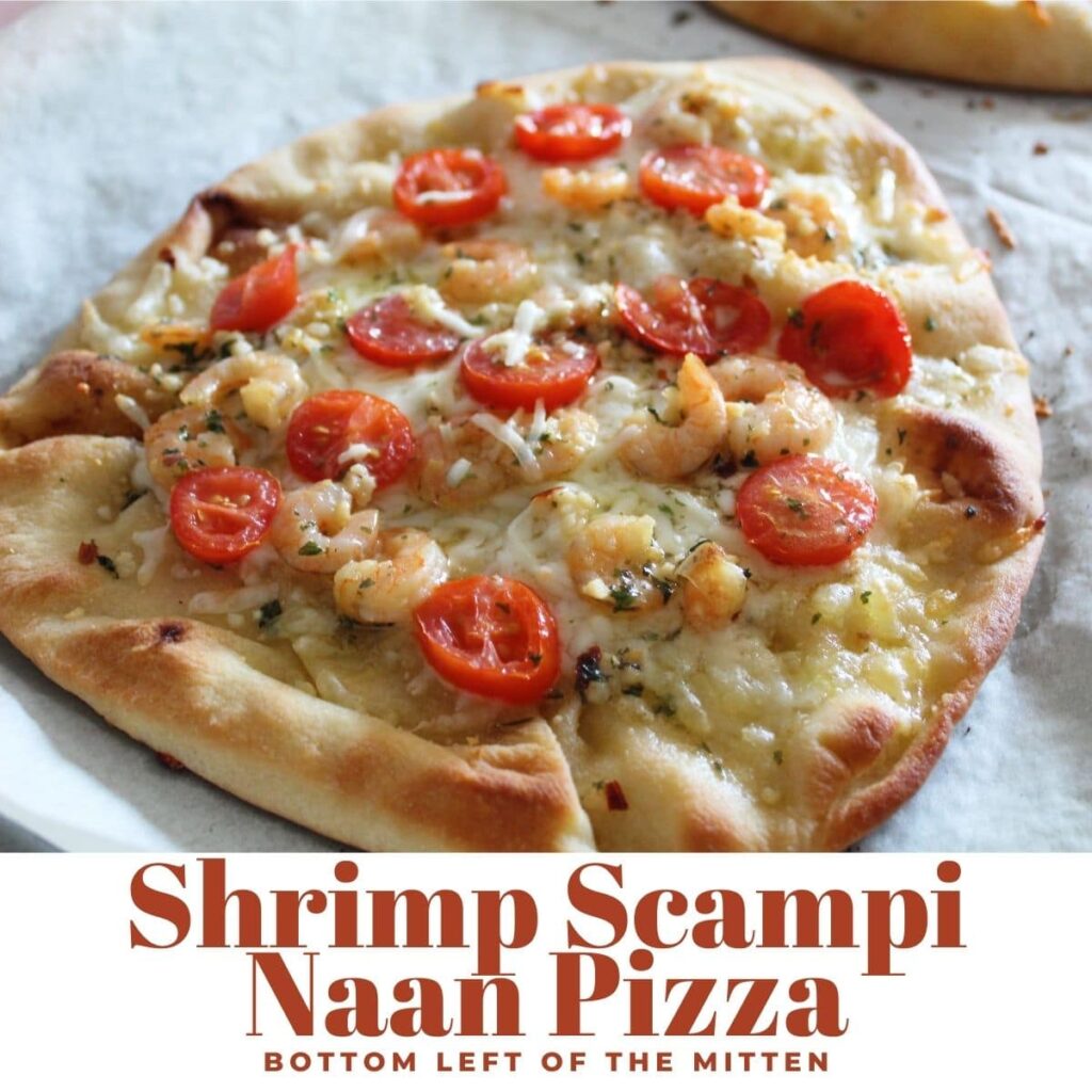 shrimp scampi naan pizza with recipe title description title overlay.