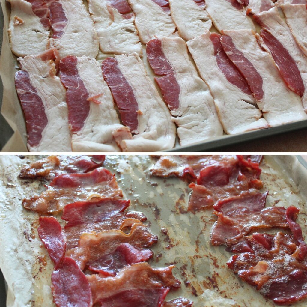 steps for making bacon on a sheet pan. one pan before cooking and one pan after cooking.