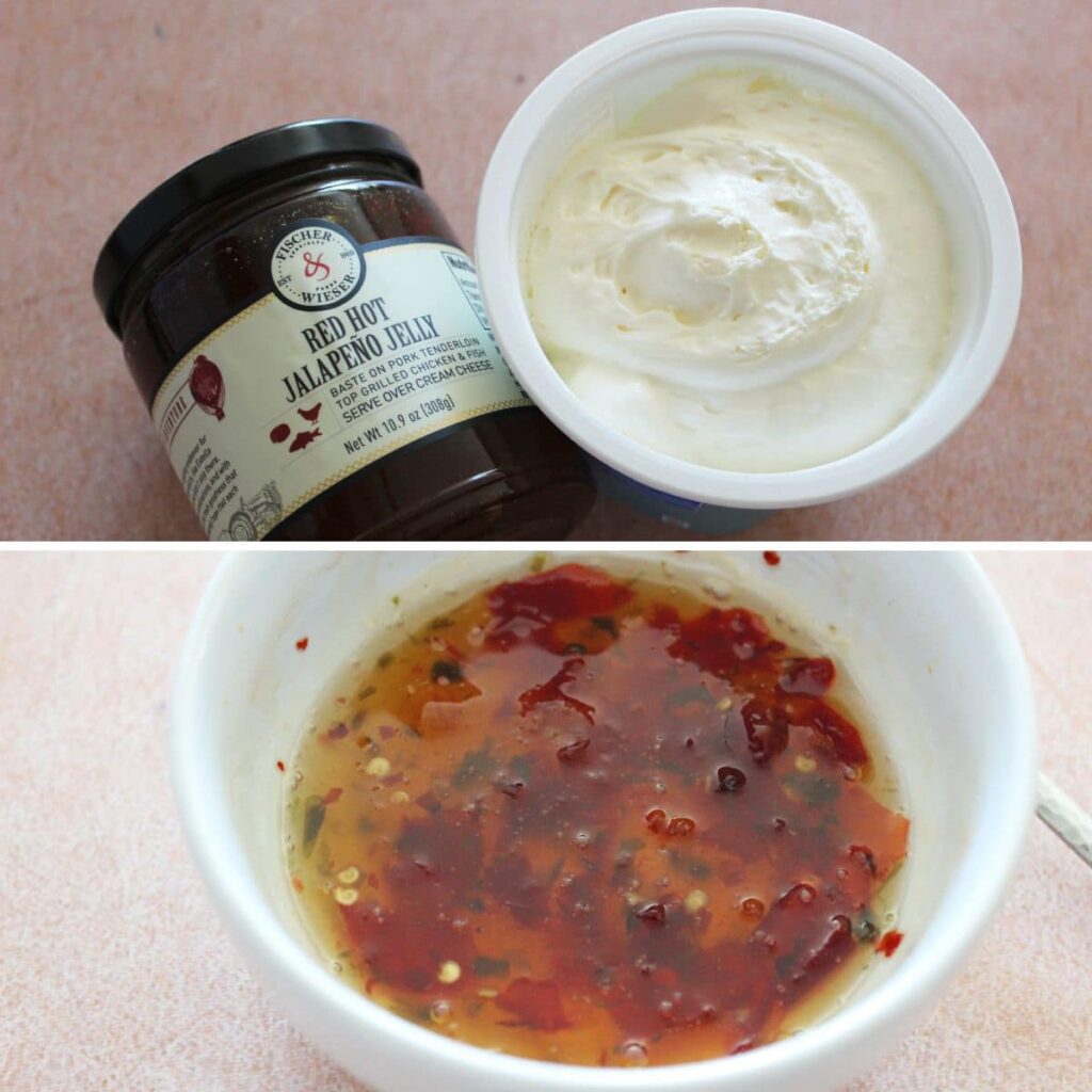 pepper jelly and a tub of cream cheese. a dish of cooked pepper jelly..