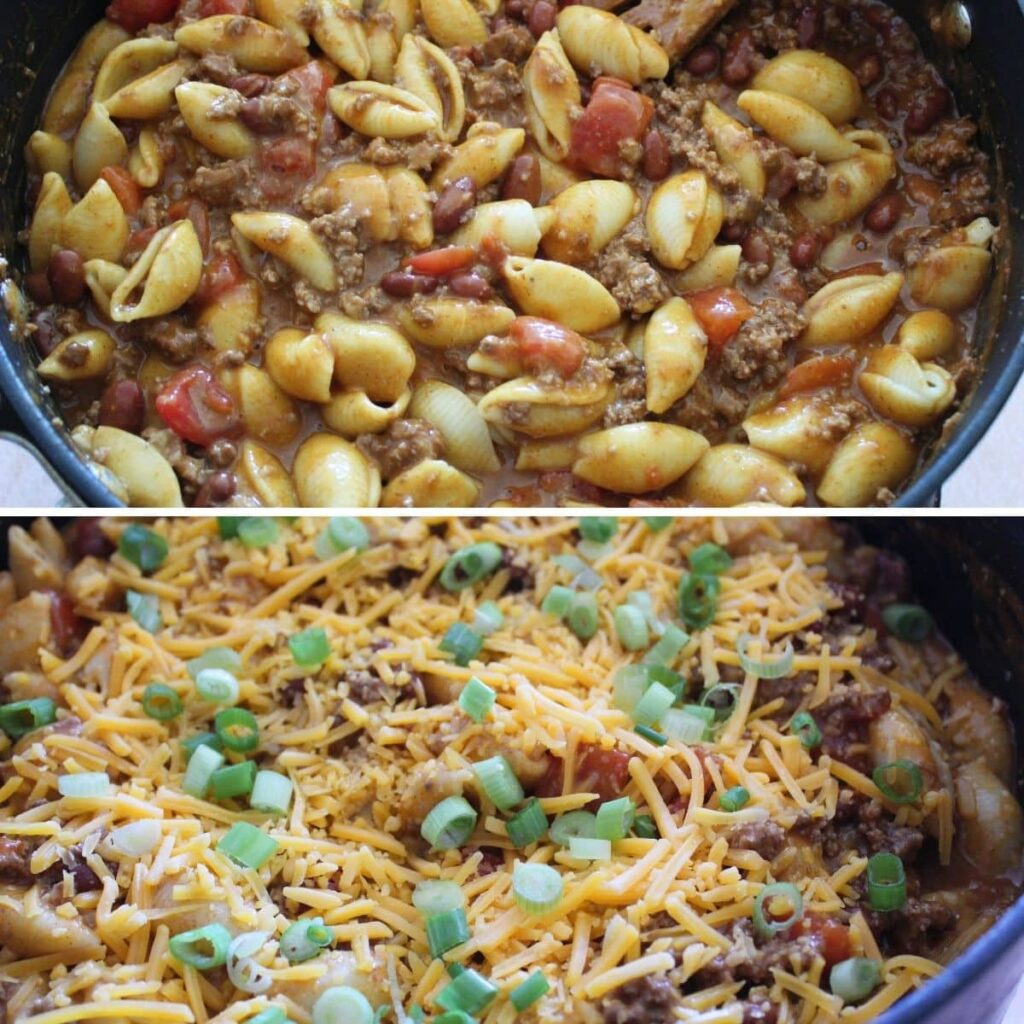 pasta shells and ground beef with canned chili and beans in a pan. pasta with shredded cheese and green onions on top.