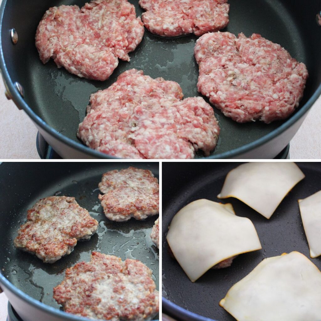 hamburger patties made with pork cooking in a pan. gouda cheese topped on pork burgers in a pan.