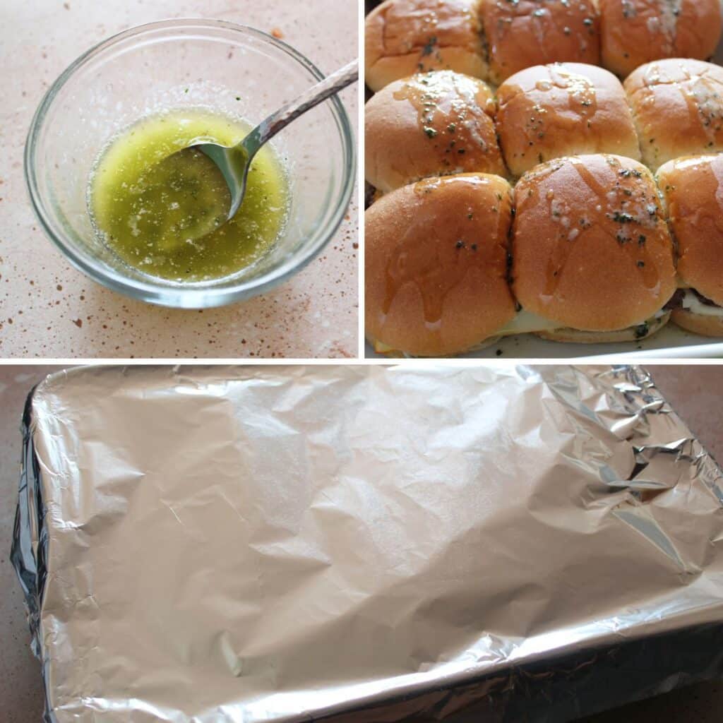 melted butter in a bowl with a spoon in it. bun topped sandwiches in a baking dish then topped with aluminum foil.