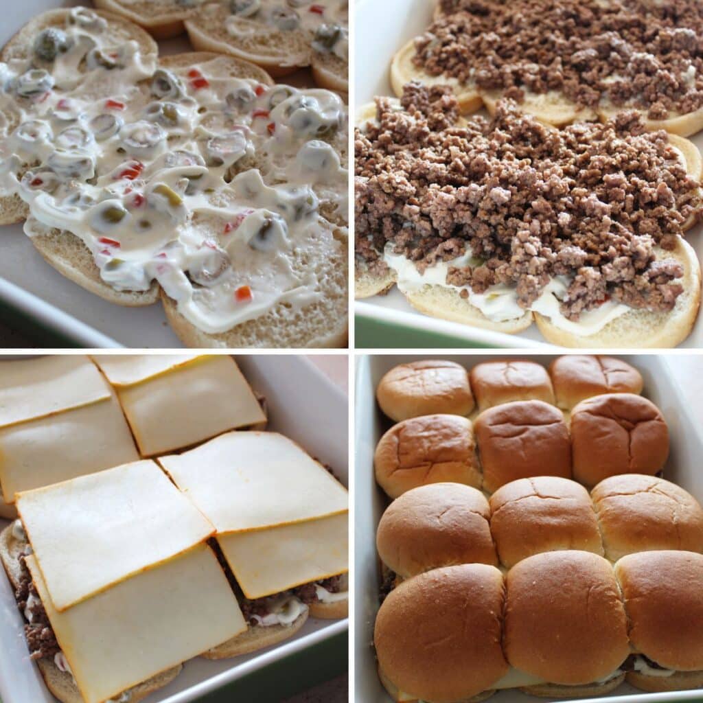 steps for making baked slider sandwiches with buns in the bottom, topped with sauce, ground beef, cheese, and the bun tops.